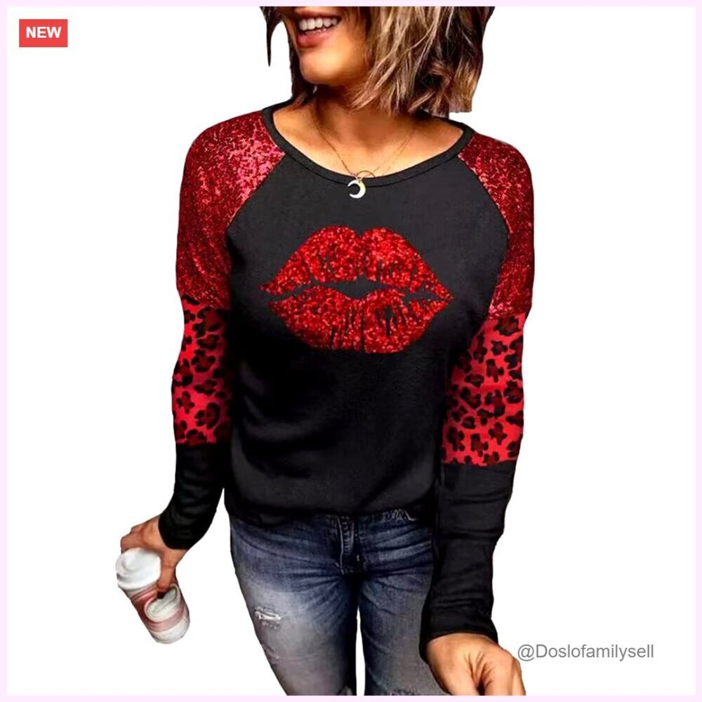 Valentine's Graphic Tee Leopard Heart Print Raglan Sleeve Long Sleeve T-Shirt